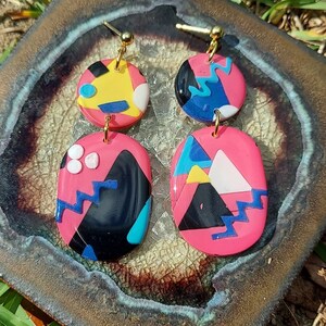 Pink Retro Inspired Large Oval Design, Handmade, Lightweight, Hypoallergenic, Polymer Clay Jewelry