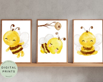 Baby Bee Nursery Wall Art, Set of 3 Prints (Digital Download)