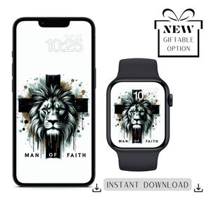 Op de afbeelding: Een digitale telefoon- en smartwatch-achtergrond met een leeuwenkop voor een zwart kruis op een witte achtergrond. De tekst "MAN OF FAITH" wordt onder de leeuwenkop weergegeven.