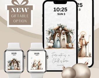 Aesthetic Christmas Nativity Scene Digital Wallpapers Cream & Beige Wallpaper Set of 2 Screen Saver, Lockscreen Background Mobile iPhone