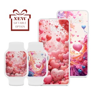 Fondos de pantalla digitales con corazones modernos para el día de San Valentín, fondo de pantalla rojo y rosa, conjunto de 2 protectores de pantalla, fondo de pantalla de bloqueo para iPhone y Apple Watch