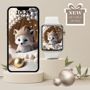 3D Cute Baby White Fox iPhone & Watch Wallpaper Set – Beige and White Christmas Design, Holiday Mobile Screensaver Lockscreen Background