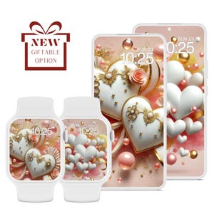 Fondo de pantalla digital con corazones en 3D para San Valentín, conjunto de 2 protectores de pantalla, fondo de pantalla de bloqueo, iPhone, Apple Watch, amor romántico