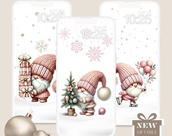 Cute Adorable Christmas Pink Gnomes Digital Wallpaper Set iPhone Smartphone| Matching Holiday Aesthetic Lockscreen Screensaver background
