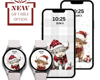 Cute Cozy Christmas Highland Cow Smartphone & Round Smartwatch Wallpaper Set Digital (Red, Brown, Beige) Sreen Saver Background Lockscreen
