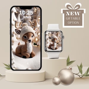 Puede incluir: Un ciervo blanco y marrón con un sombrero blanco en la pantalla de un teléfono y un reloj. La pantalla del teléfono y del reloj muestran ambos la hora 10:25 y el día "Sun 3".