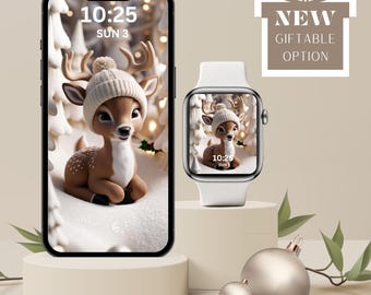 3D Baby Reindeer Wintery iPhone & Apple Watch Wallpaper Set Beige and White Christmas Design, Holiday Mobile Android Lockscreen Screensaver