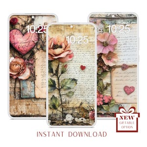 Fondos de pantalla vintage de San Valentín con flores y corazones, fondo de pantalla rojo y rosa, conjunto de 3 protectores de pantalla, fondo de pantalla de bloqueo para iPhone y Apple Watch