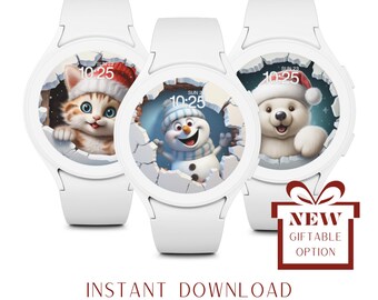 Christmas Bear, Cat & Snowman Round Faced Watch Wallpaper, Set of 3, Lockscreen Screensaver Background Design, Holiday Digital Theme