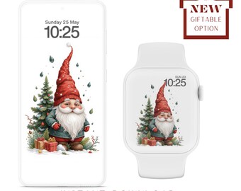 Cute Christmas Watercolour Gnome Digital Wallpaper Set IPhone & Apple Watch, Matching Holiday Smartwatch Background Lockscreen Screensaver