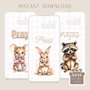 Puede incluir: Tres fondos de pantalla para teléfono con animales adorables rezando. El primer fondo de pantalla presenta un ratón con el texto "Reza continuamente". El segundo fondo de pantalla presenta un conejo con el texto "El poder de la oración". El tercer fondo de pantalla presenta un mapache con el texto "Dios escucha nuestras oraciones".
