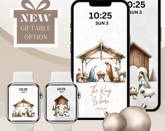 Nativity Scene Wallpaper Set, Beige Christmas, iPhone and Apple Watch (Digital Download)