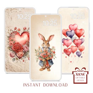 Fondo de pantalla vintage de San Valentín con conejos y corazones, fondo de pantalla rojo y rosa, conjunto de 3 protectores de pantalla, fondo de pantalla de bloqueo para iPhone y Apple Watch