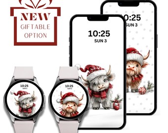 Christmas Highland Cow Wallpaper Set, Smartphone & Smartwatch (Digital Download)