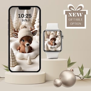 Zestaw tapet 3D Baby Cute Reindeer na iPhone'a i Apple Watch, wygaszacz ekranu blokady – beżowy i biały projekt świąteczny, cyfrowy motyw świąteczny