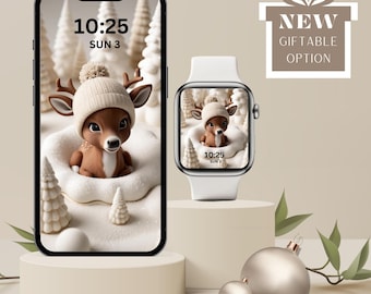 3D Baby Cute Reindeer IPhone & Apple Watch Wallpaper Set, Lockscreen Screensaver – Beige and White Christmas Design, Holiday Theme Digital