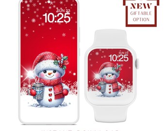 Cute Christmas Blingy Snowman Digital Wallpaper Set iPhone & Apple Watch | Matching Holiday Aesthetic Lockscreen Screensaver background