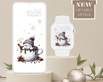 Cute Snowman in a Cup of Cocoa Digital Wallpaper Set iPhone & Apple Watch | Matching Holiday Aesthetic Lockscreen Screensaver background