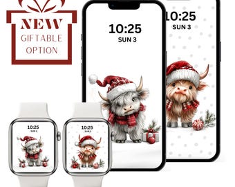 Cute Christmas Highland Cow IPhone & Apple Watch Wallpaper Set Digital Download (Red, Brown, Beige) Lockscreen, Screen saver, Background
