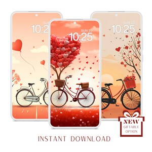 Fondos de pantalla románticos con tema de bicicletas vintage, fondo de pantalla rojo y rosa, conjunto de 3 protectores de pantalla, fondo de pantalla de bloqueo, iPhone, Apple Watch