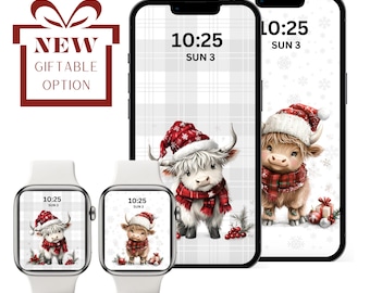 Cute Christmas Highland Cow IPhone & Apple Watch Wallpaper Set Digital Download Red, Brown, Beige Background, Lockscreen, Screen saver