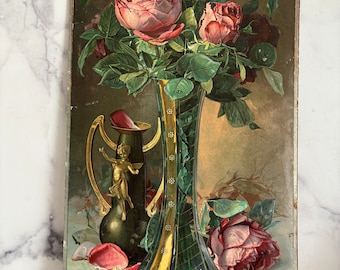 American Beauties, chromo-lithographed, embossed poster of Roses, vintage floral picture, vintage flower picture, flower arrangement picture