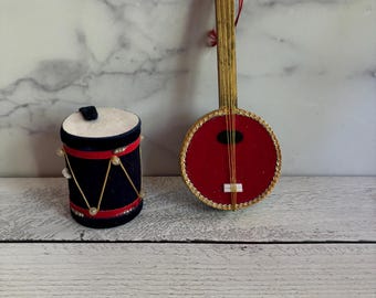 Vintage Banjo & Drum Christmas Ornaments | Felt Music Instrument Ornaments | Folk Art Holiday Decor | Set of 2