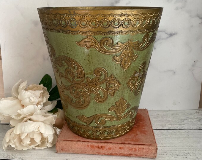 Vintage Trash Can, Green Trash Can, Florentine Trash Can, Gold Gilt