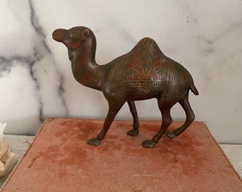 Brass Camel, Vintage Camel, Egyptian Camel, Colorful Camel, Gold Tone Camel, Camel Statue, Camel Figurine, Etched Camel,