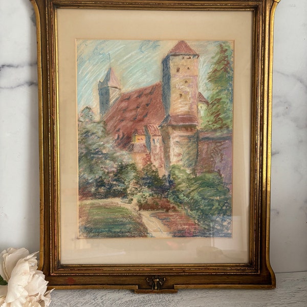 Vintage art work, Church picture, church art, summer scene picture, 1930 art work, summer landscape art, oil pastel painting,