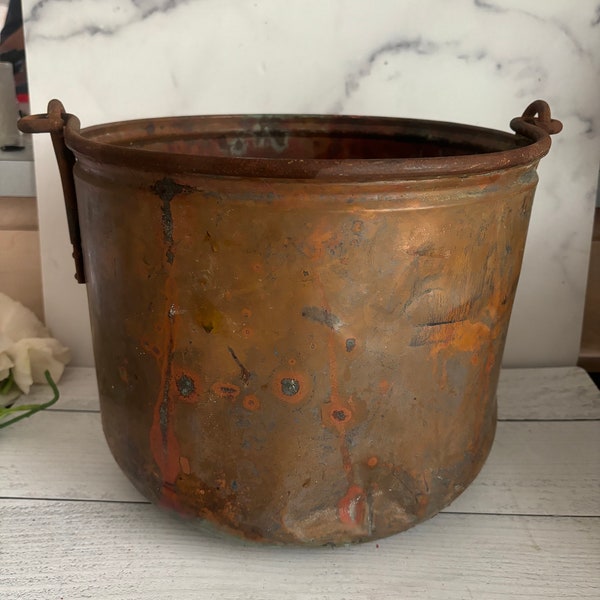 Antique Cauldron,  Large Cauldron, Copper Cauldron, Large Copper Pot, Cooper Apple Butter Pot, Large Planter, Hanging Pot, Copper Bucket