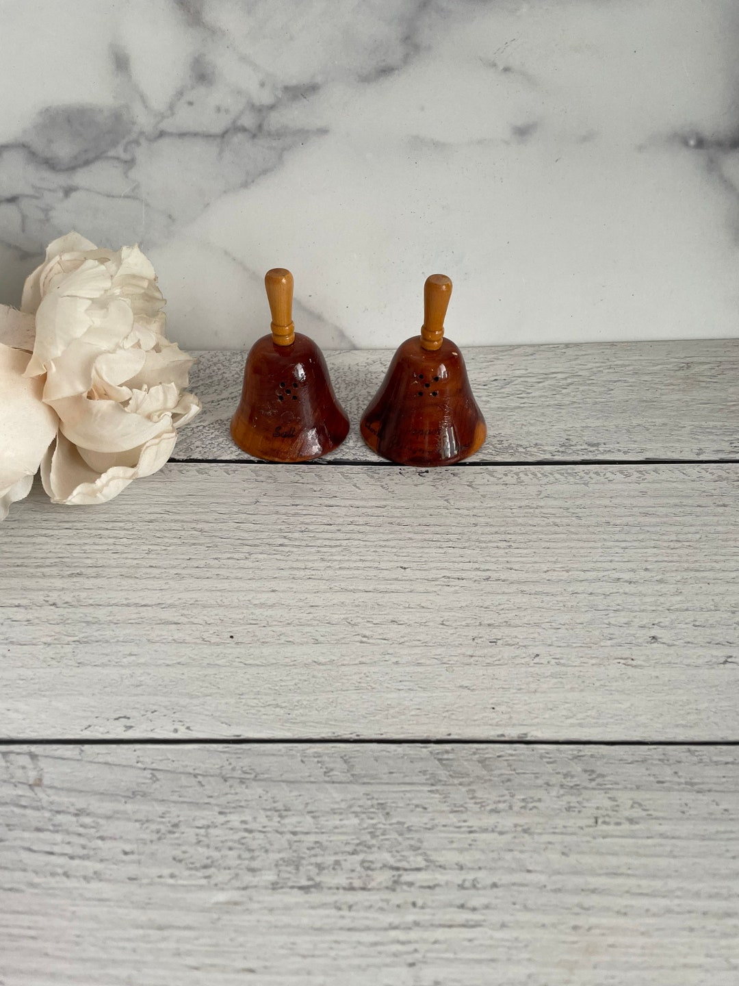 Bell Shaped Salt and Pepper Shakers, Wooden Salt and Pepper Shakers, Tiny Salt and Pepper