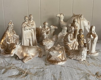 Vintage Nativity, Large Nativity, Gold Nativity, Porcelain Nativity, Vintage Christmas, Vintage Mantle, Big Nativity,  Nativity Set