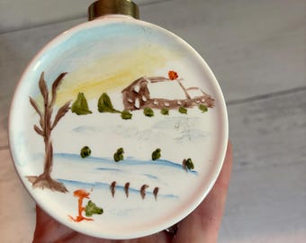 Vintage Hand Painted Double Sided Milk Glass Santa Ornament | Hand Painted Christmas Ball | Winter Farm Scene | Folk Art Holiday Decor