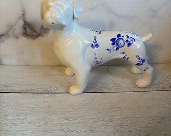 Renwil Dog Statue, Blue Dog Statue, Floral Dog Statue, Boxer Dog Statue, Boxer Dog Decor, Ceramic Boxer Statue
