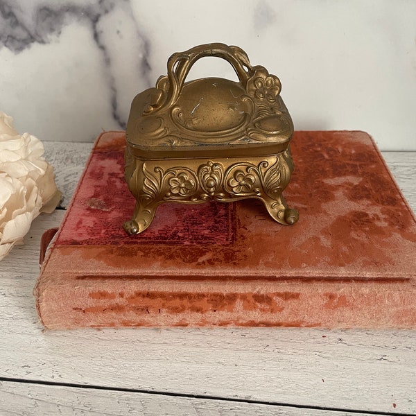 Antique Jewelry Box, Cast Iron Trinket Box, Catch All Box, Gold Box, Art Nouveau Decor, Metal Jewelry Box, Vintage Jewelry Box,