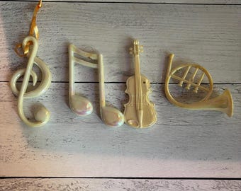 Vintage Pearlescent Music Ornaments Set of 4 | Treble Clef, Music Note, Violin & French Horn | Christmas Tree Musician Decor