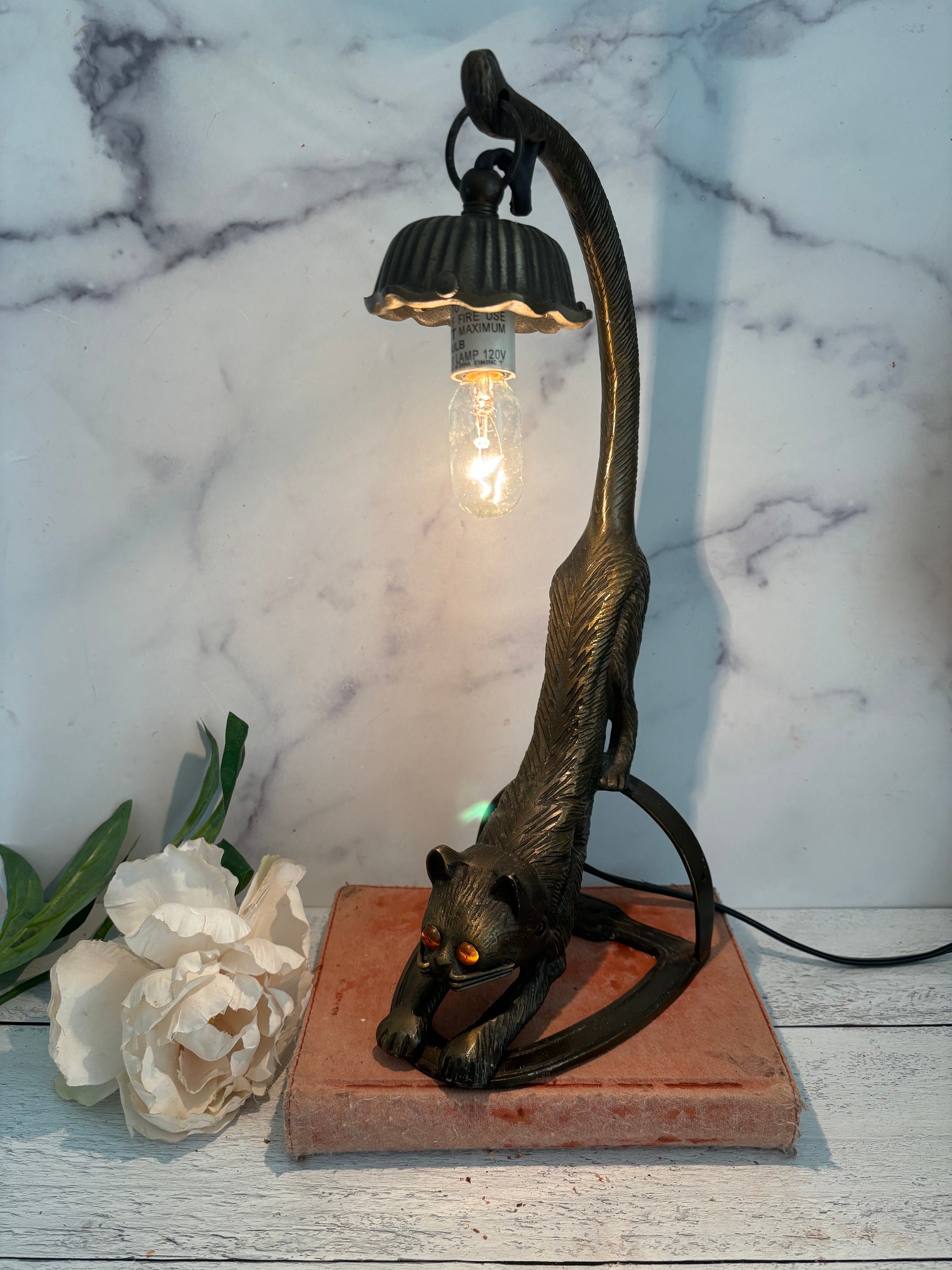 Vintage Cat Lamp, Cast Iron Cat Lamp, Yellow Eye Cat Lamp
