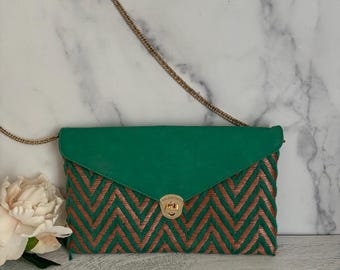 Vintage Mario Valentino, Chevron Clutch, Evening Clutch, Dressy Clutch, Party Clutch, Classy Clutch, Green Bag, Green Purse, Evening Bag