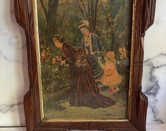 Antique 1879 George Stinson print Auntie’s Flower Garden Victorian Carved Wood Frame