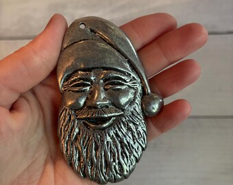 Vintage Santa Ornament, metal Santa Ornament, Santa Face Ornament, Collectible Santa Face, Primitive Santa,