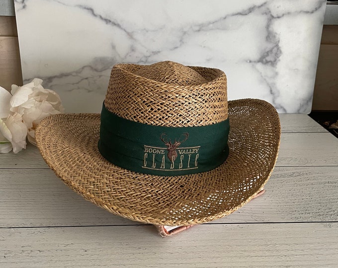 Vintage Golf Hat, Boone Valley Classic Golf Hat, Gold Straw Hat, Wide