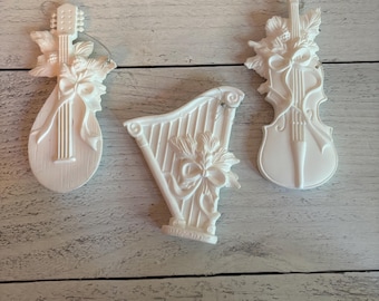 vintage instrument ornament, harp ornament, mandolin ornament, violin ornament, white instrument ornaments