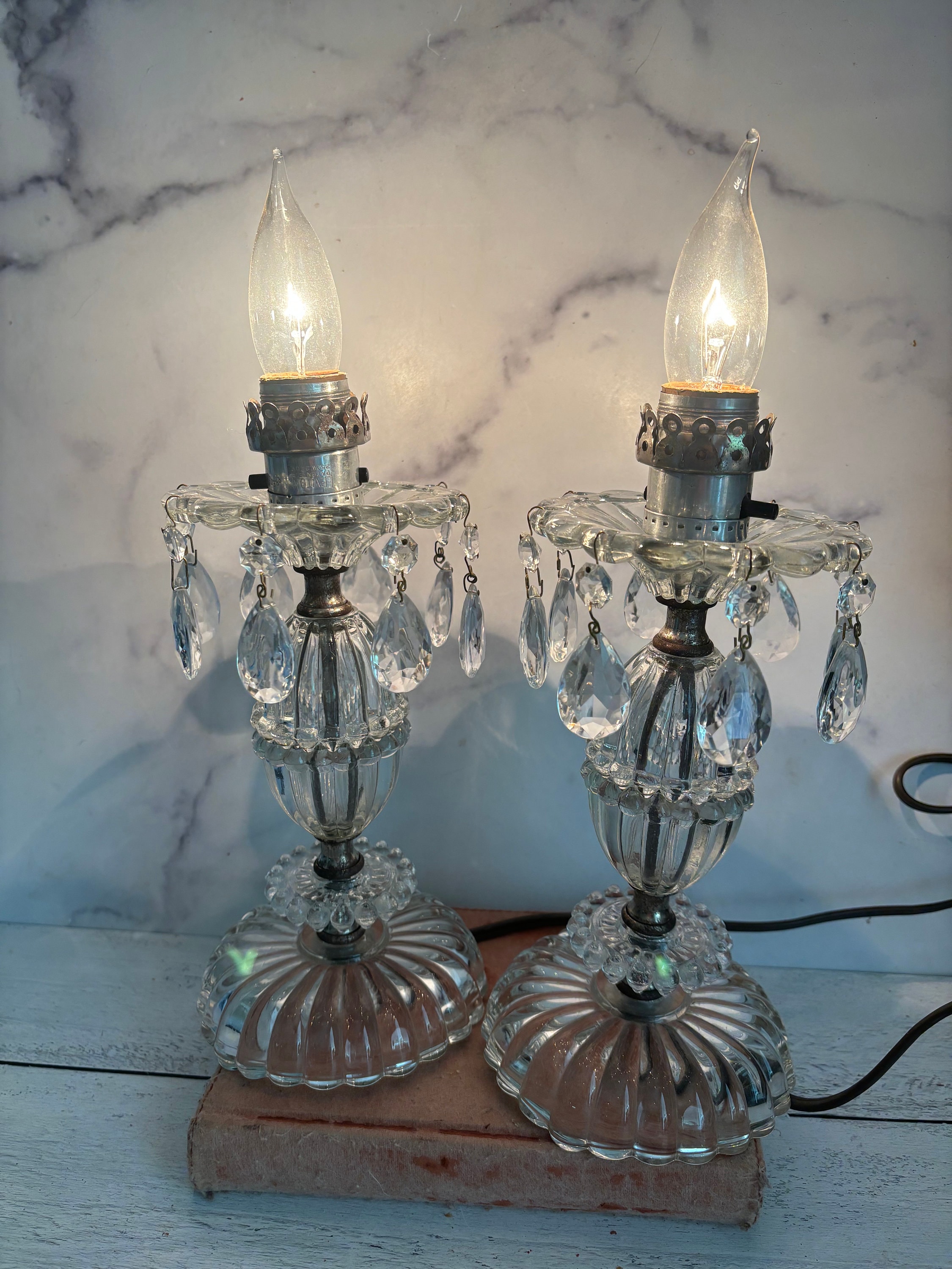Pair Lamps Crystal Pressed Glass w/Dangling Crystal Bead  Antique lamp crystals and prisms main image 1