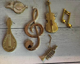 Vintage Music Instrument Ornaments Lot | Treble Clef, Violin, Trumpet, French Horn, Mandolin | Christmas Tree Musician Decor