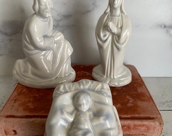 Vintage Nativity, Ceramic Nativity, Blue Nativity, 3 piece Nativity, Nativity Set, White Nativity, Blue Christmas Decor, Christmas Mantle