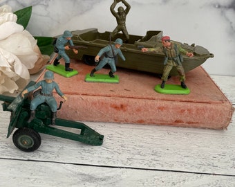 Vintage Military Toy Lot, Vintage Pyro US Army Landing Craft, Deetail Britains Toy Soldiers, Infantry Toy Soldiers, Artillery Toy Soldiers