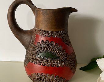 Vintage Pitcher, Water Pitcher, Earth Color Pitcher, Orange Pitcher, Handmade Pitcher, Green Pitcher, Mexican Decor, Mexican Pitcher,
