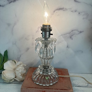 vintage crystal lamp with teardrop prisms, electric candle bulb lamp, hurricane lamp, glass lamp, clear lamp