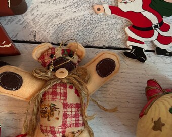 vintage Christmas lot ornaments, vintage Santa, vintage bear, vintage doll, old ornaments
